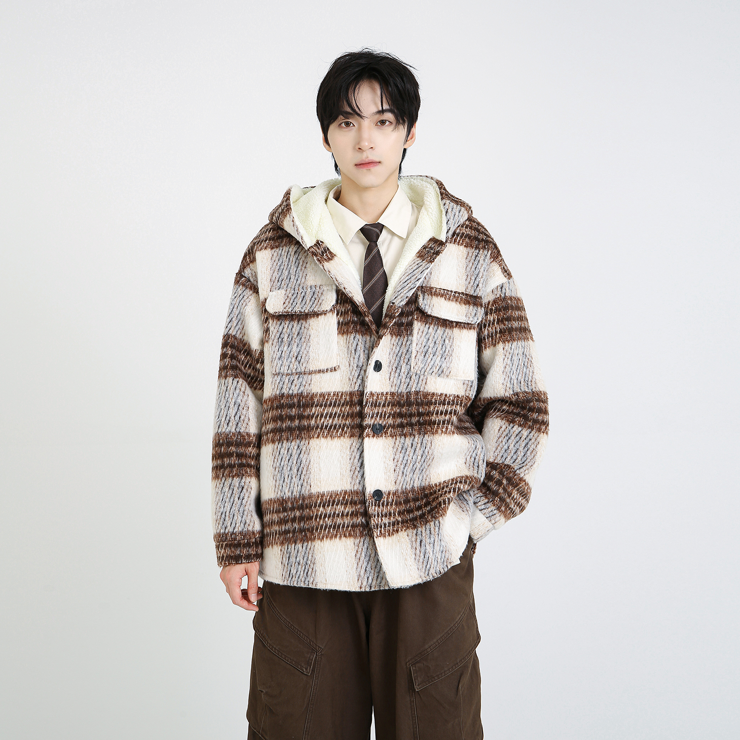 NineteenAutumn冬季羊羔毛连帽外套加绒加厚格纹宽松情侣装棉衣男