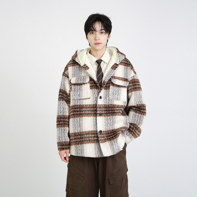 NineteenAutumn冬季羊羔毛连帽外套加绒加厚格纹宽松情侣装棉衣男