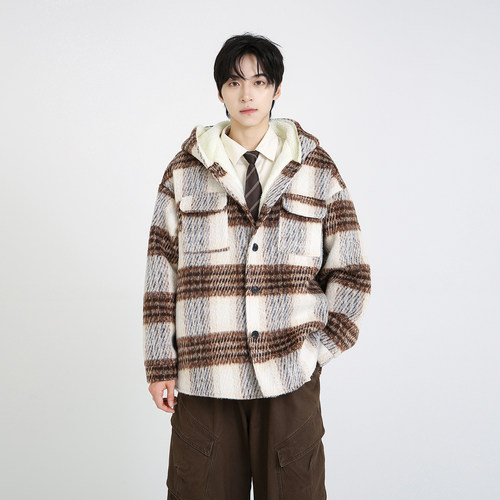 NineteenAutumn冬季羊羔毛连帽外套加绒加厚格纹宽松情侣装棉衣男