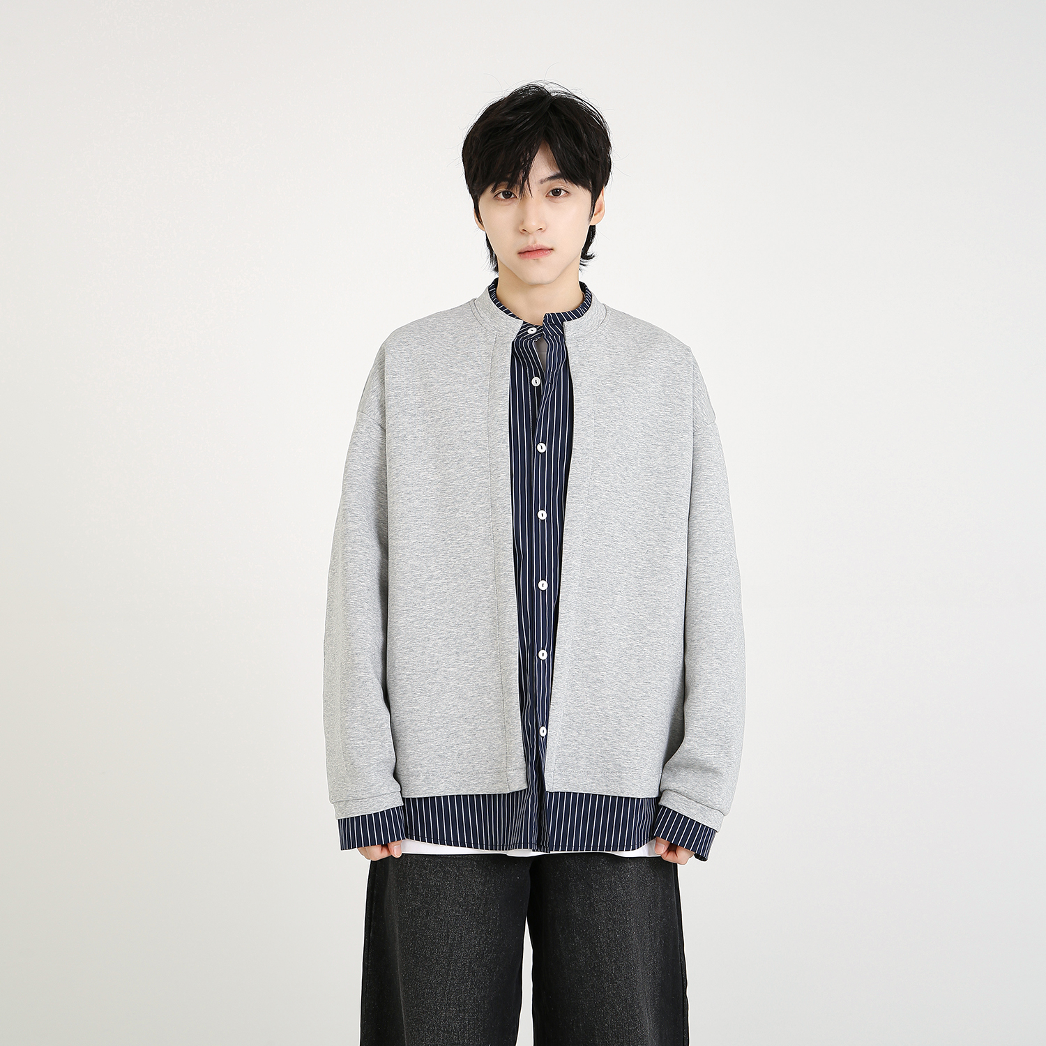 NineteenAutumn秋季新款美式复古假两件拼接条纹夹克外套男女同款