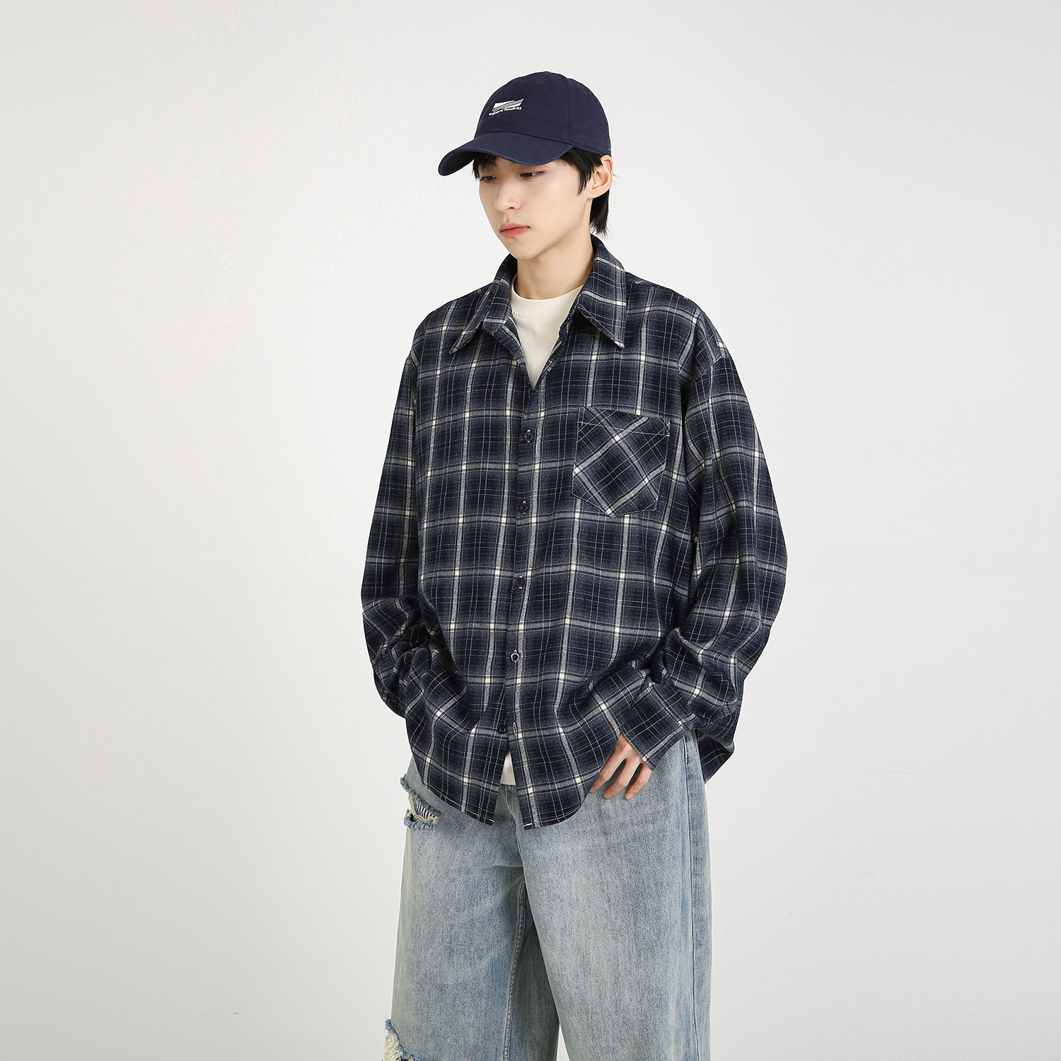 NineteenAutumn 男生磨毛格子衬衫宽松复古日系长袖衬衣外套日系