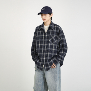衬衣外套日系 宽松复古日系长袖 NineteenAutumn 男生磨毛格子衬衫