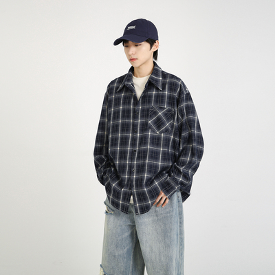 NineteenAutumn 男生磨毛格子衬衫宽松复古日系长袖衬衣外套日系