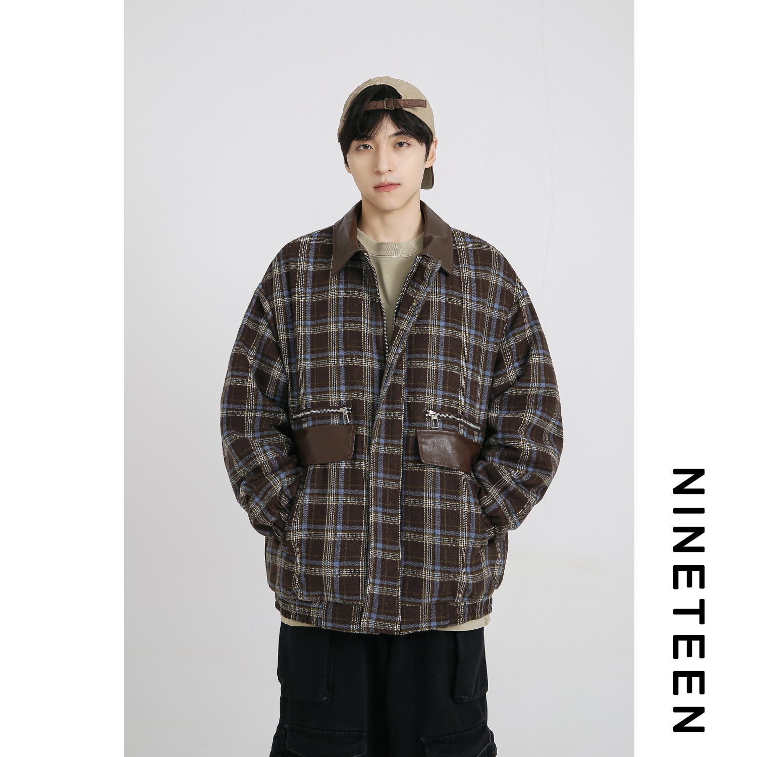 翻领拼接毛呢格子棉衣外套