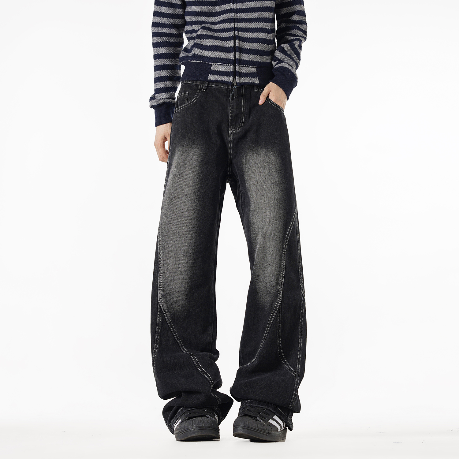 NineteenAutumn秋季美式直筒小众设计做旧拼接水洗复古牛仔长裤男