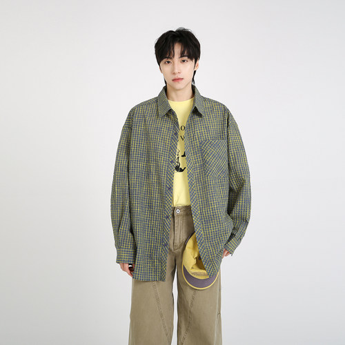 NineteenAutumn美式复古格子衬衫简约慵懒风长袖衬衣外套情侣装男