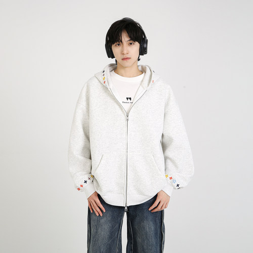 NineteenAutumn秋季新款情侣装开衫连帽卫衣刺绣潮牌宽松外套男女