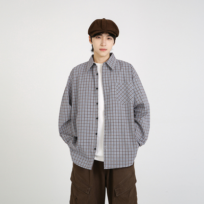 NineteenAutumn秋季美式复古长袖衬衫宽松潮牌日系基础格子衬衣男