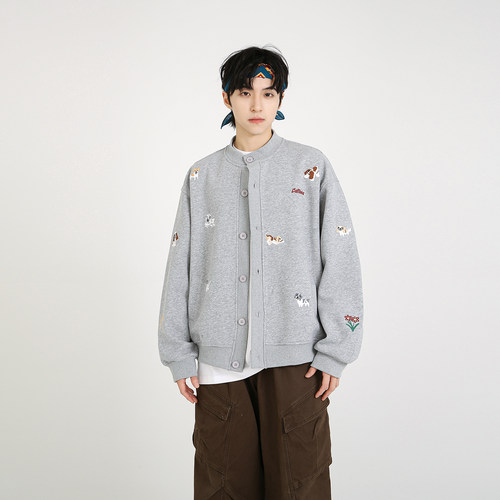NineteenAutumn秋季美式小狗刺绣夹克立领宽松棒球服男女同款外套