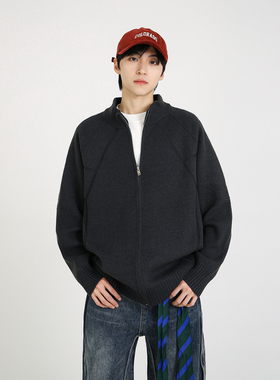 NineteenAutumn重磅简约纯色半高领开衫毛衣宽松休闲针织衫外套男