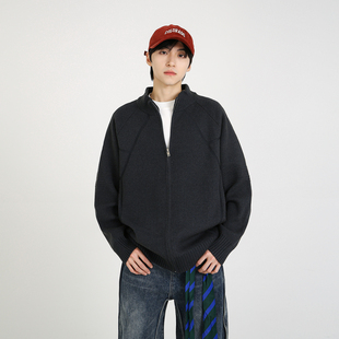 NineteenAutumn重磅简约纯色半高领开衫毛衣宽松休闲针织衫外套男