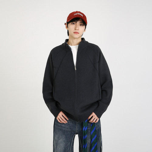 NineteenAutumn重磅简约纯色半高领开衫毛衣宽松休闲针织衫外套男