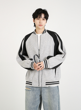 NineteenAutumn短款毛呢外套男宽松运动风棒球服宽松拼色呢子夹克