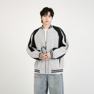 NineteenAutumn短款毛呢外套男宽松运动风棒球服宽松拼色呢子夹克