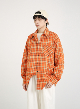 NineteenAutumn美式橙色格纹长袖衬衫宽松休闲情侣装衬衣男女同款