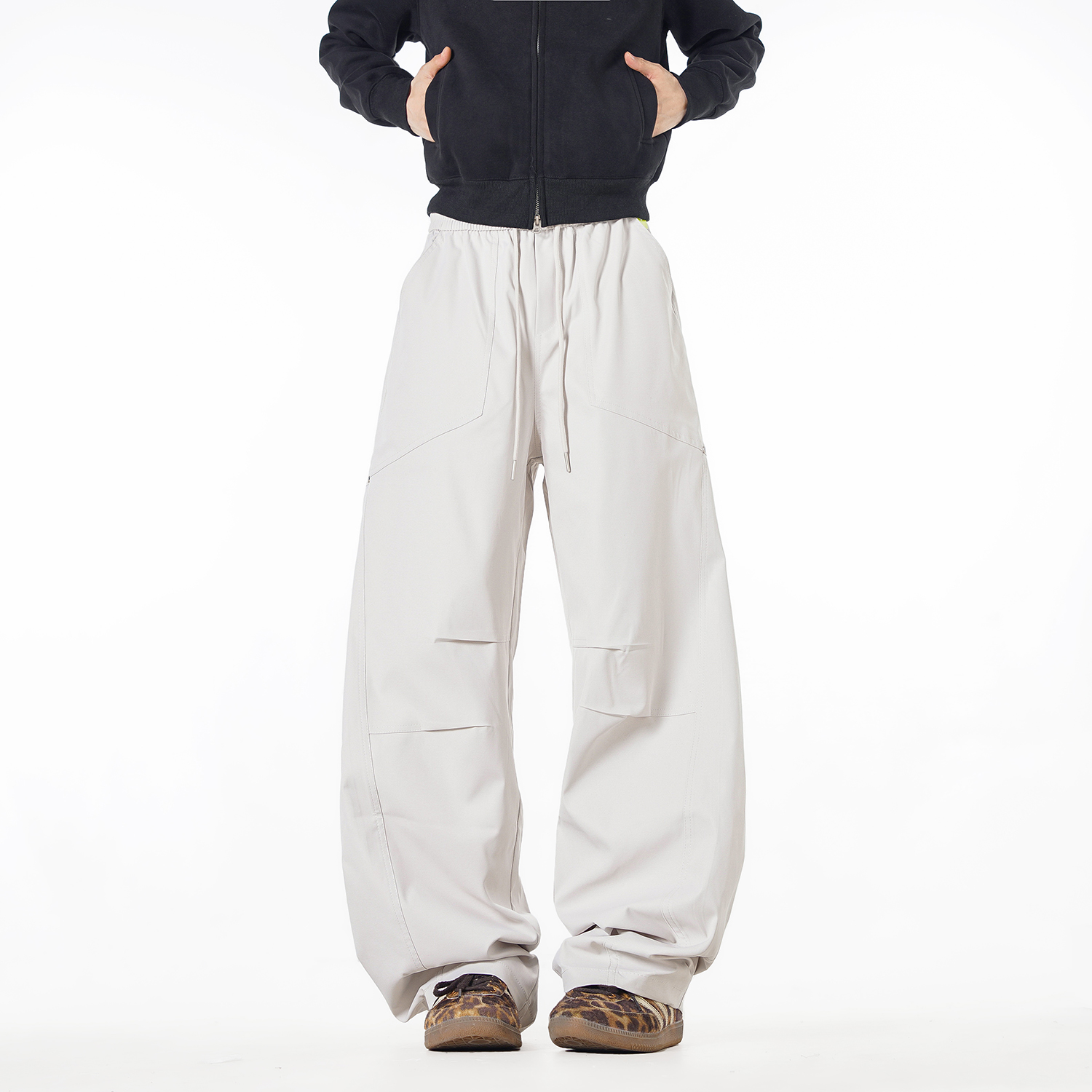 NineteenAutumn美式潮牌弯刀裤松紧褶皱阔腿伞兵裤休闲工装长裤男