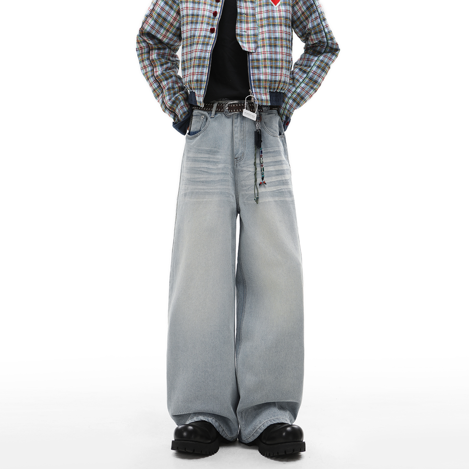 NineteenAutumn 美式高街新潮做旧水洗浅色牛仔裤宽松阔腿长裤男