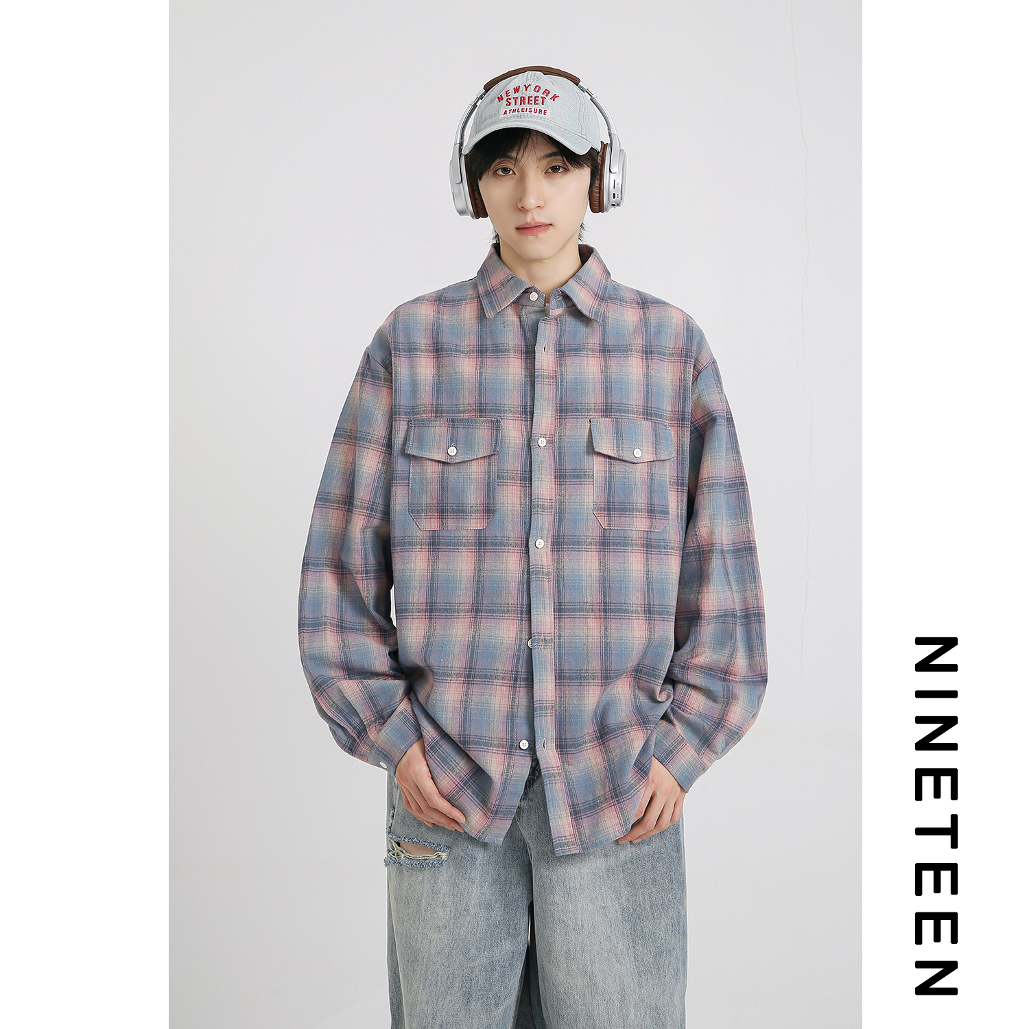 情侣撞色格纹衬衫宽松休闲