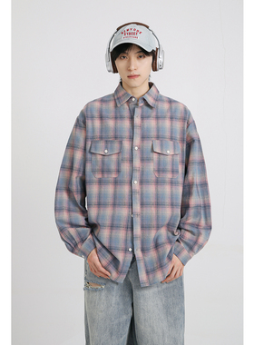 十九秋/ 2025春季新款情侣撞色格子衬衫宽松休闲长袖衬衣男女同款