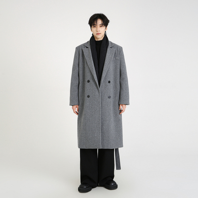 NineteenAutumn男士毛呢大衣中长款加棉加厚垫肩韩系风衣呢子外套