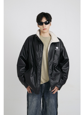 十九秋/冬季新款男生羊羔毛皮衣pu加厚宽松立领潮牌保暖棉衣外套