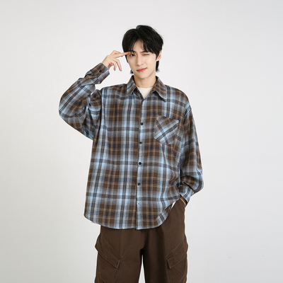 NineteenAutumn 美式磨毛格子衬衫宽松潮牌男女同款长袖衬衣外套