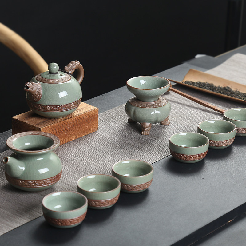 整套陶瓷功夫茶具套装哥窑开片冰花裂釉茶具茶壶公道杯茶杯过滤组