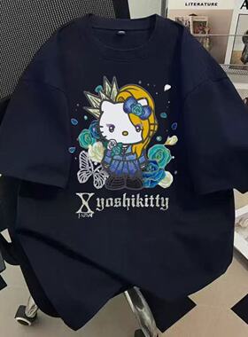小学生Yoshikitty印花藏青短袖T恤女 复古视觉系甜酷宽松休闲上衣