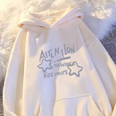 大童慵懒秋冬初高中女生幸运星英文字母印花连帽带兜运动百搭卫衣