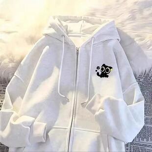 小学生惊讶小黑猫胸前小印花开衫连帽带兜春秋冬加厚卫衣宽松百搭