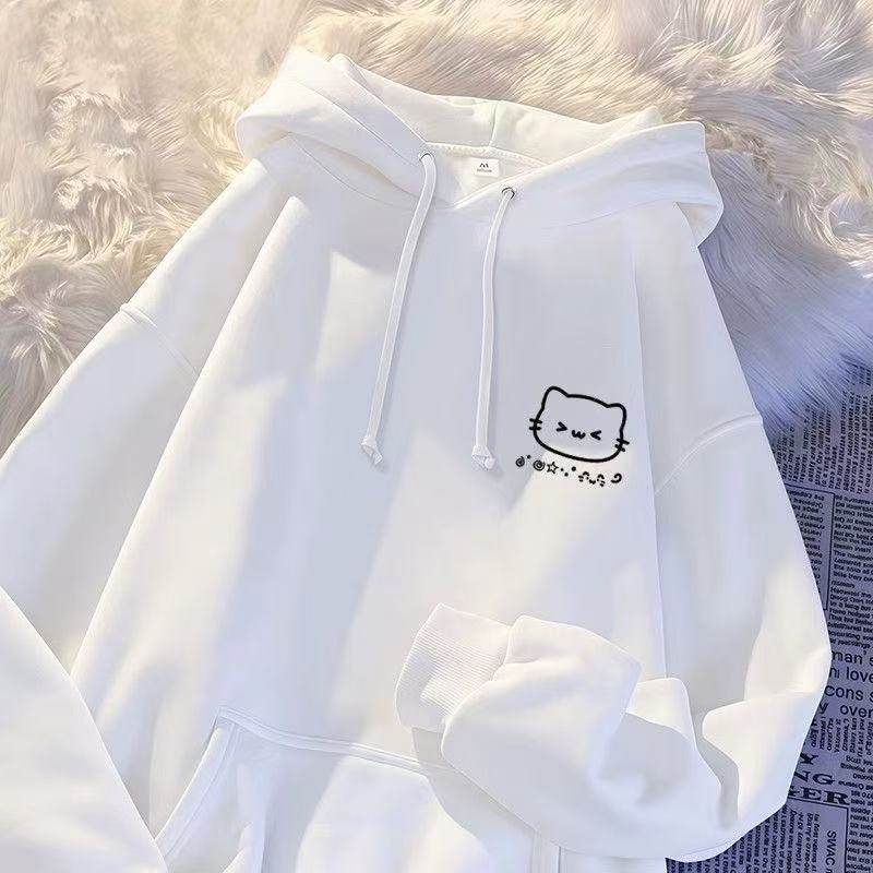 大童慵懒秋冬初高中女生快乐小猫咪一面印花连帽带兜运动百搭卫衣