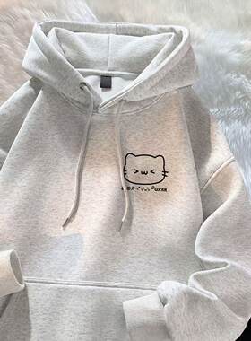 开心小猫咪一面印花小学女生连帽带兜套头春秋冬加厚宽松百搭卫衣