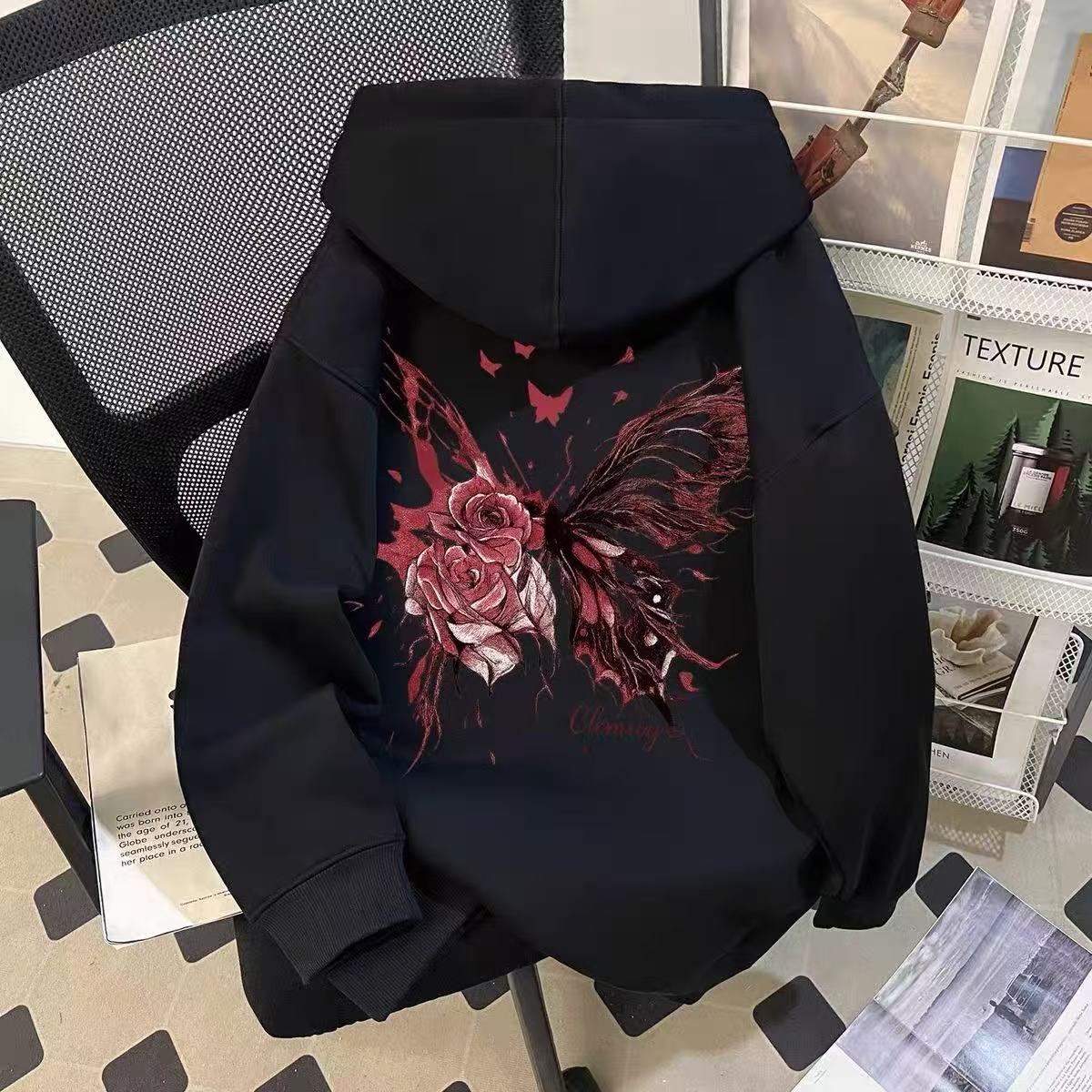 青少年慵懒秋冬初高中女生红玫瑰蝴蝶双印花连帽带兜运动百搭卫衣