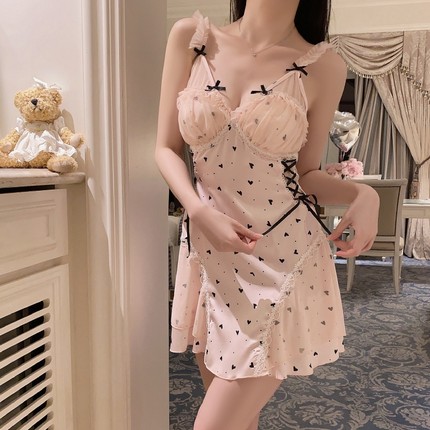 大码胖mm性感睡衣女夏带胸垫纯欲甜美蕾丝吊带睡裙冰丝法式高级感