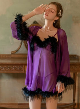纯欲风紫色性感睡衣女网纱羽毛吊带睡裙睡袍两件套装高级感家居服