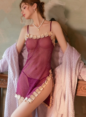 纯欲性感紫色睡衣女秋冬蕾丝网纱吊带睡裙开衩家居服睡袍两件套装