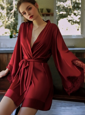 性感睡袍女晨袍新娘伴娘婚礼结婚冰丝睡衣红色浴袍薄款秋冬家居服