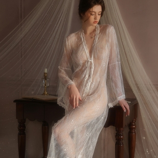 晨袍系带浴袍蕾丝睡裙长裙纯色家居服 睡袍长款 法式 性感睡衣女长袖