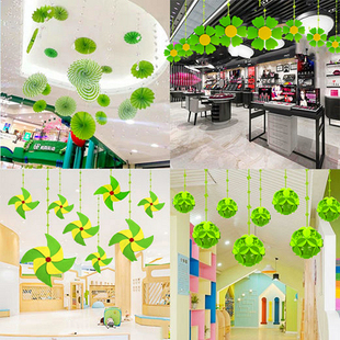 商场店铺美陈装饰幼儿园走廊环境布置材料创意空中吊饰纸扇花挂饰