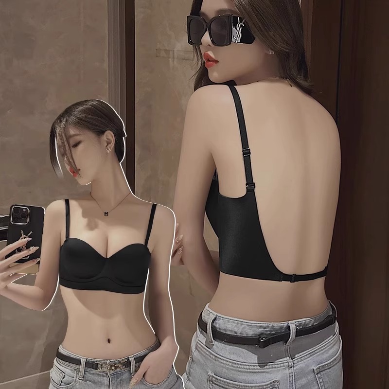 U型美背内衣女夏天薄款小胸聚拢后背隐形露背心一体吊带文胸黑色