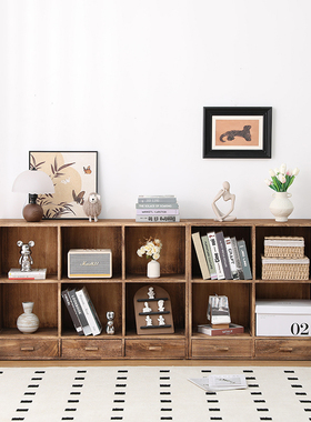 实木书柜组合矮柜落地书架客厅餐边柜复古收纳格子柜置物柜陈列架