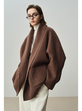 2025冬 ROW静奢风浴袍领羊毛双面呢外套宽松廓形慵懒感短款大衣女