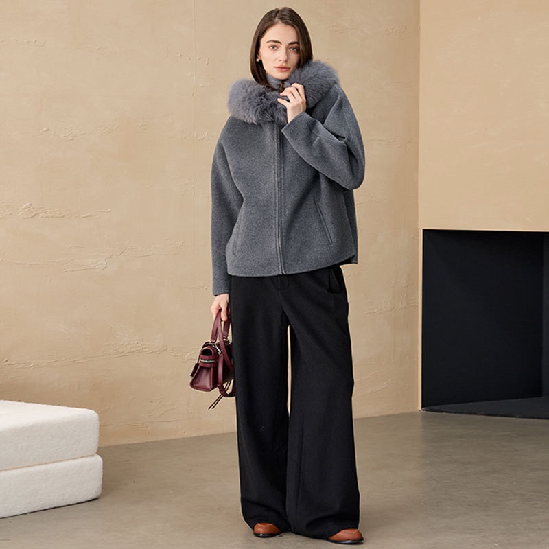 2025秋冬羊毛大衣连帽狐狸毛领