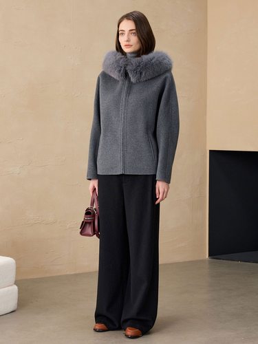 2025秋冬羊毛大衣连帽狐狸毛领休闲外套小个子双面毛呢羊毛大衣女