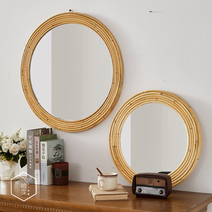 藤编梳妆化妆镜子创意艺术拍摄装 饰挂镜 饰圆镜民宿卧室玄关墙面装