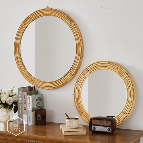 藤编梳妆化妆镜子创意艺术拍摄装饰圆镜民宿卧室玄关墙面装饰挂镜