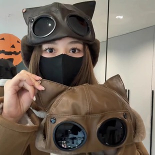 冬季皮质加绒保暖防寒雷锋帽子女飞行员护目镜猫耳骑行护耳帽男潮