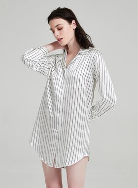 白色条纹衬衫裙重磅姆米真丝小众设计师高级感慵懒风桑蚕丝睡裙