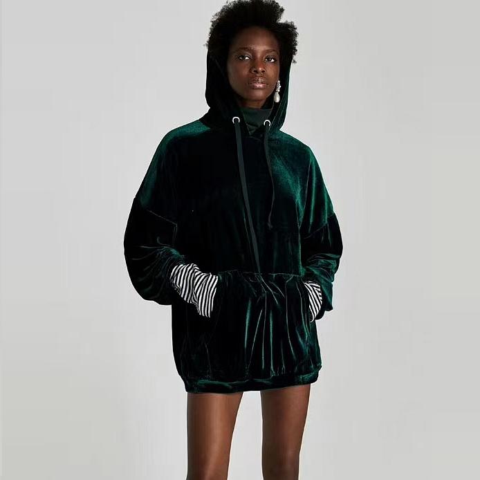 外贸女装复古墨绿色长袖连帽卫衣