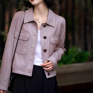 26春新款 风信子麂皮绒夹克飒爽短款紫色工装长袖女式外套女装